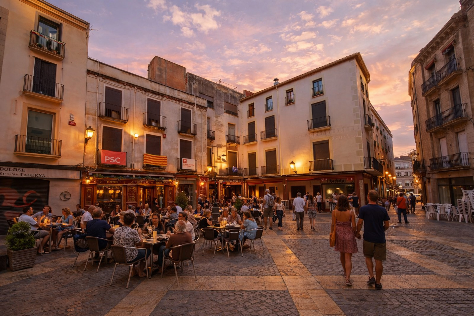 Abendstimmung auf der Plaça del Castell in Reus bei Sonnenuntergang, mit belebtem Straßencafé und vielen Gästen an Tischen, warm beleuchteten Schaufenstern und Laternen sowie mehreren Spaziergängern, die über das Pflaster zwischen den historischen Häuserfassaden flanieren.