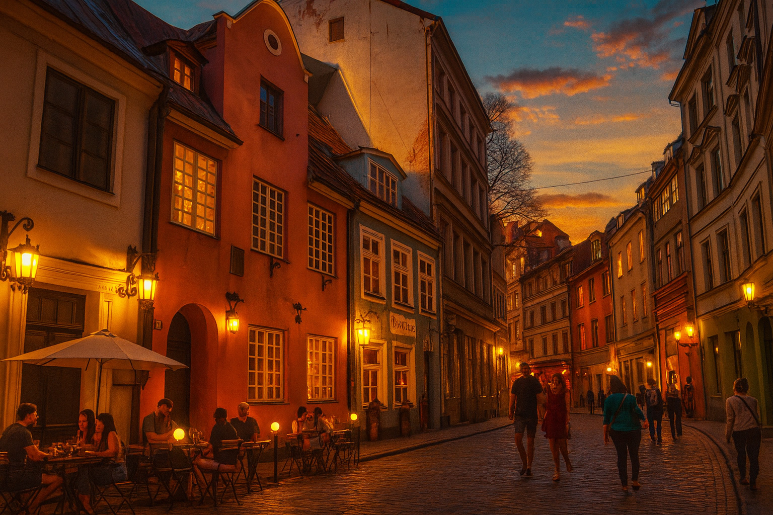 Abendstimmung in der Altstadt von Riga mit beleuchteten Straßencafés und Spaziergängern.