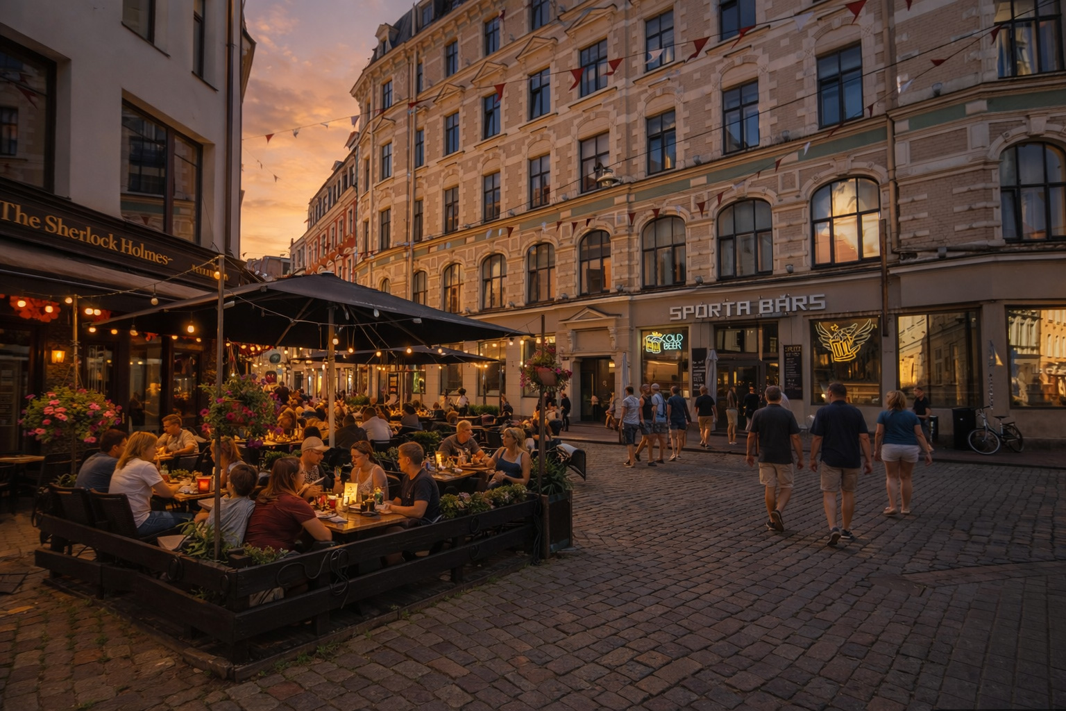 Belebtes Straßencafé in einer kopfsteingepflasterten Altstadtgasse bei Sonnenuntergang mit schwarzen Sonnenschirmen, warmen Lichterketten, Gästen an Tischen und Spaziergängern vor historischen Fassaden