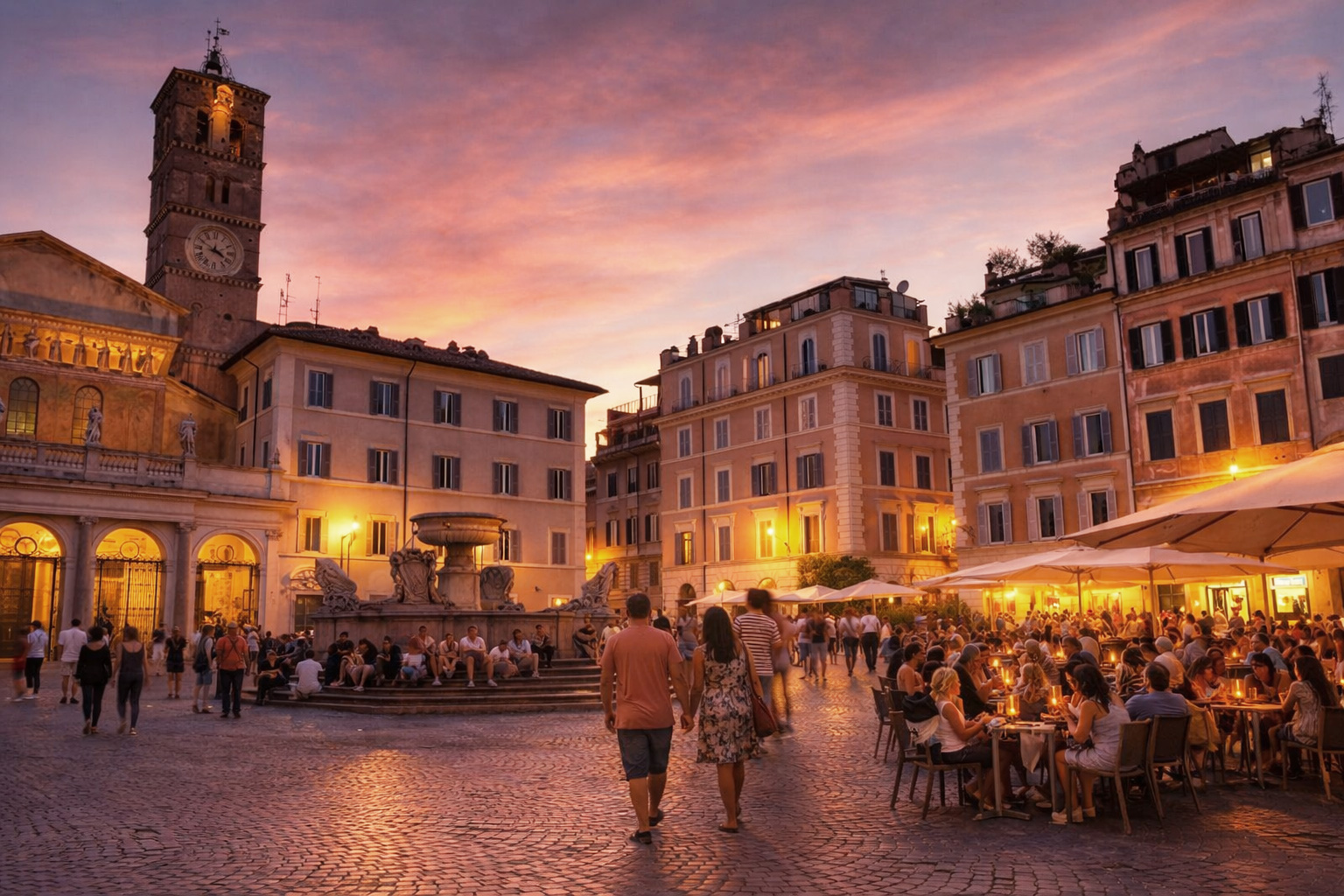 Piazza di Santa Maria in Rom bei Sonnenuntergang mit belebtem Straßencafé, Spaziergängern auf dem Platz und Menschen, die am Brunnen sitzen.