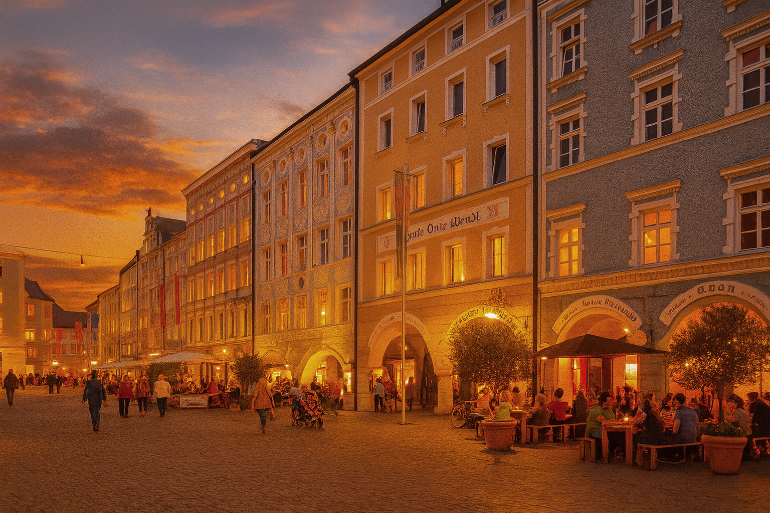 Abendstimmung in der Fußgängerzone von Rosenheim mit hell beleuchteten Fassaden, belebten Straßencafés, erleuchteten Fenstern und Spaziergängern unter einem farbenfrohen Sonnenuntergangshimmel.