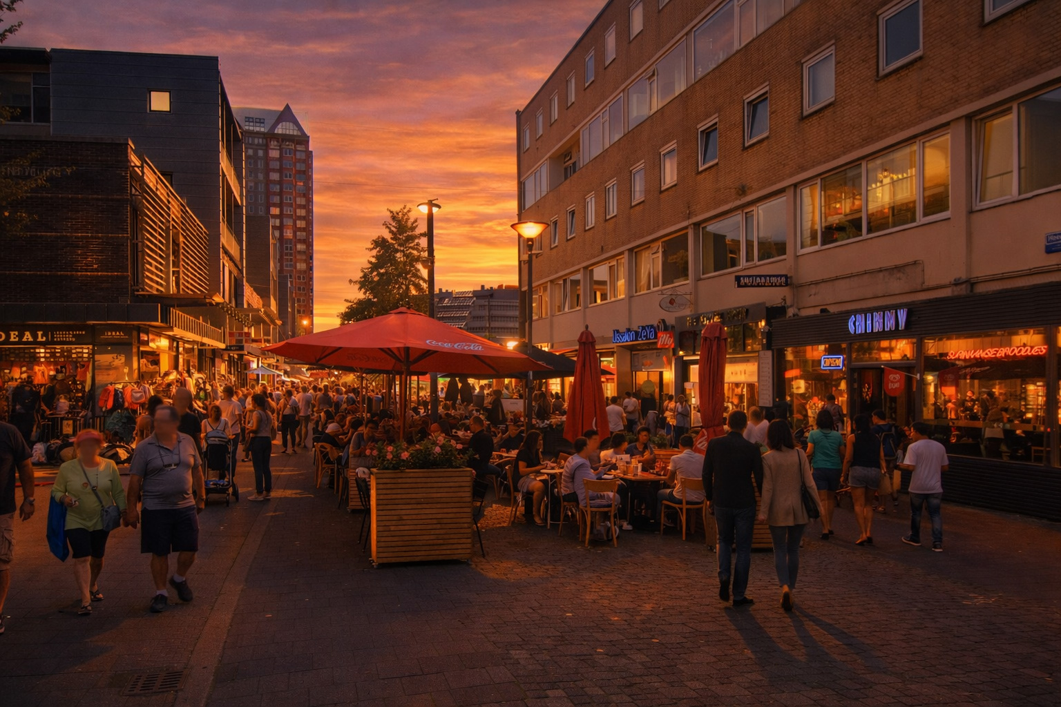 Belebte Einkaufsstraße mit Straßencafés unter roten Sonnenschirmen, zahlreiche Spaziergänger zwischen modernen Fassaden und Schaufenstern, warmes Licht aus den Innenräumen, eingeschaltete Straßenlaternen und orangefarbener Himmel im Sonnenuntergang.