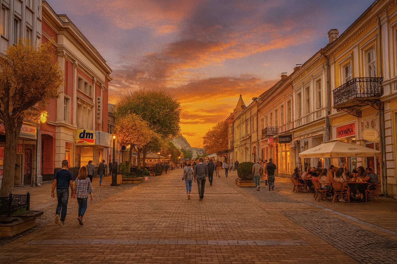 Fußgängerzone in Русе am Abend mit belebtem Straßencafé, Spaziergängern und historischen Fassaden unter farbigem Sonnenuntergangshimmel.