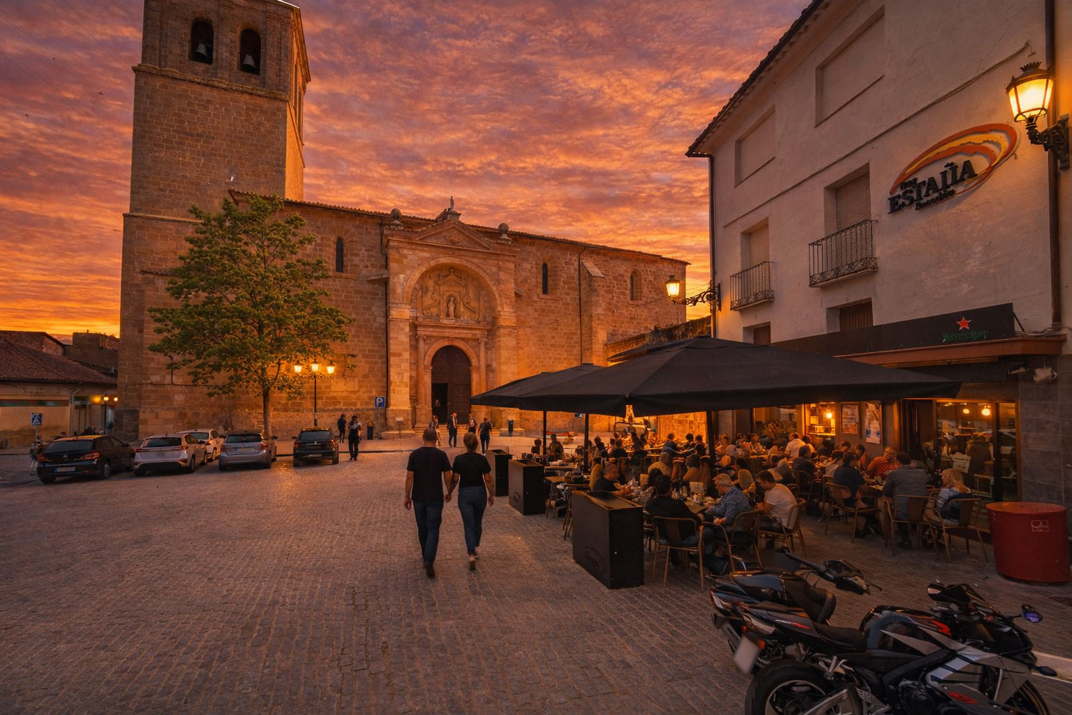 Steinerner Kirchplatz mit romanischer Kirchenfassade und Glockenturm, warmem Sonnenuntergangshimmel, eingeschalteten Laternen, beleuchteten Fenstern und belebtem Straßencafé rechts mit Gästen sowie Spaziergängern