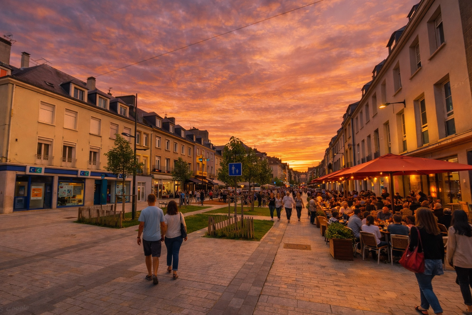 Abendstimmung an der Rue de la Laitière Normande mit belebtem Straßencafé rechts unter großer Markise, warm beleuchteten Fenstern und Schaufenstern, eingeschalteter Straßenbeleuchtung, vielen Spaziergängern entlang der breiten Fußgängerzone und leuchtendem Himmel bei Sonnenuntergang