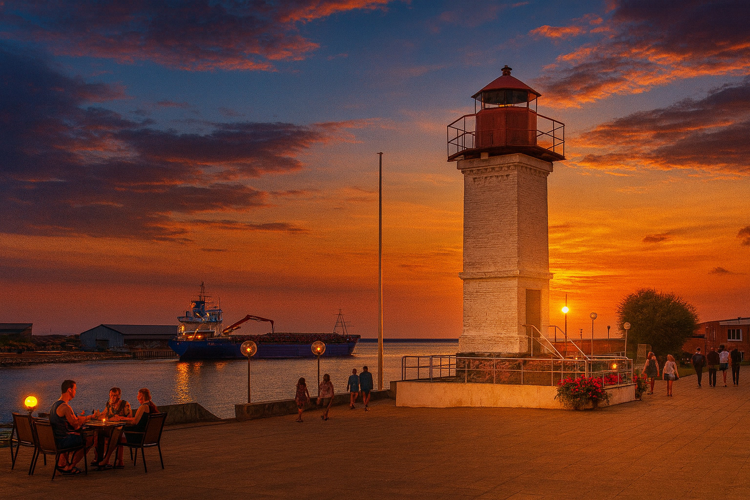 Sonnenuntergang am Leuchtturm von Salacgrīva mit Café und Spaziergängern an der Promenade.