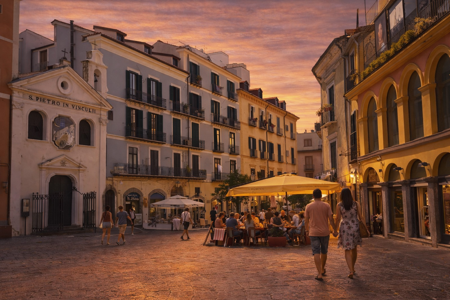 Piazza Sedile di Portanova in Salerno bei Sonnenuntergang mit belebtem Straßencafé auf der rechten Seite, Spaziergängern auf dem historischen Platz und warmem Abendlicht zwischen den Fassaden