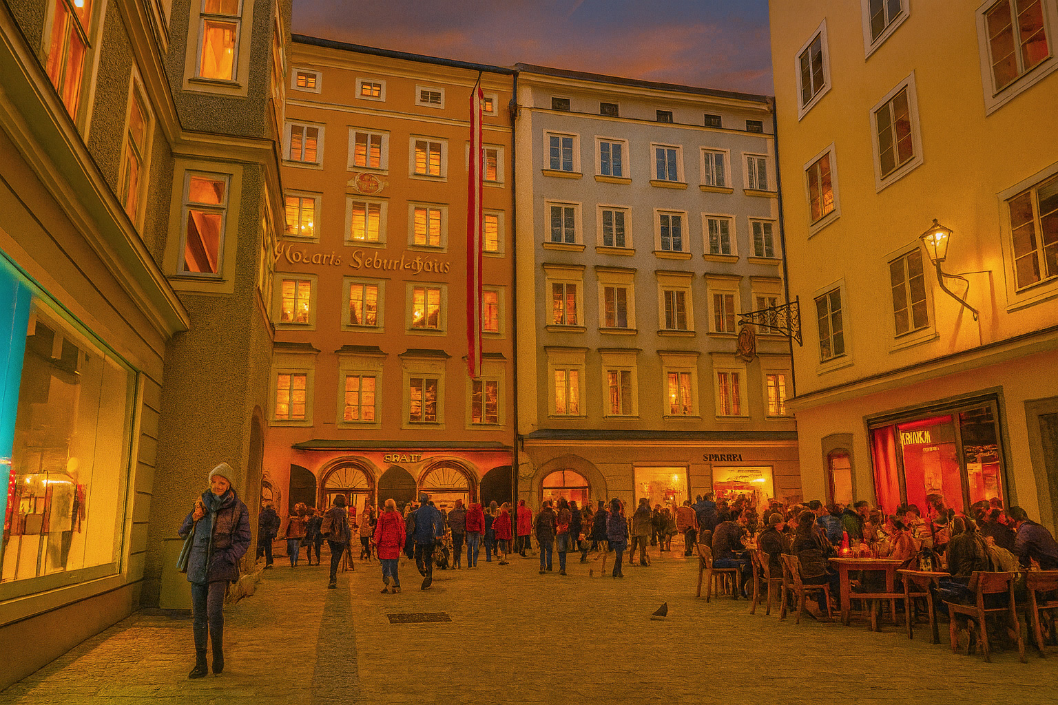Abendstimmung in der Salzburger Getreidegasse mit Mozarts Geburtshaus, beleuchtetem Straßencafé, erhellten Fassaden und Spaziergängern unter einem farbenfrohen Sonnenuntergangshimmel.