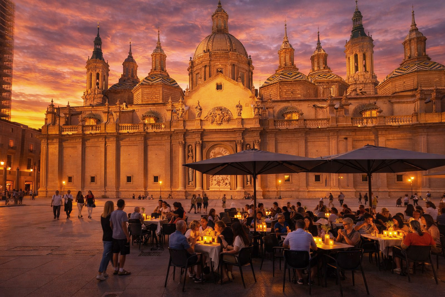 Leuchtender Sonnenuntergang über der Basilika mit Kuppeln und Türmen; warm beleuchtete Fenster und Laternen, im Vordergrund ein belebtes Straßencafé mit großen Sonnenschirmen, Kerzenlicht auf den Tischen und Spaziergängern auf dem weiten Platz