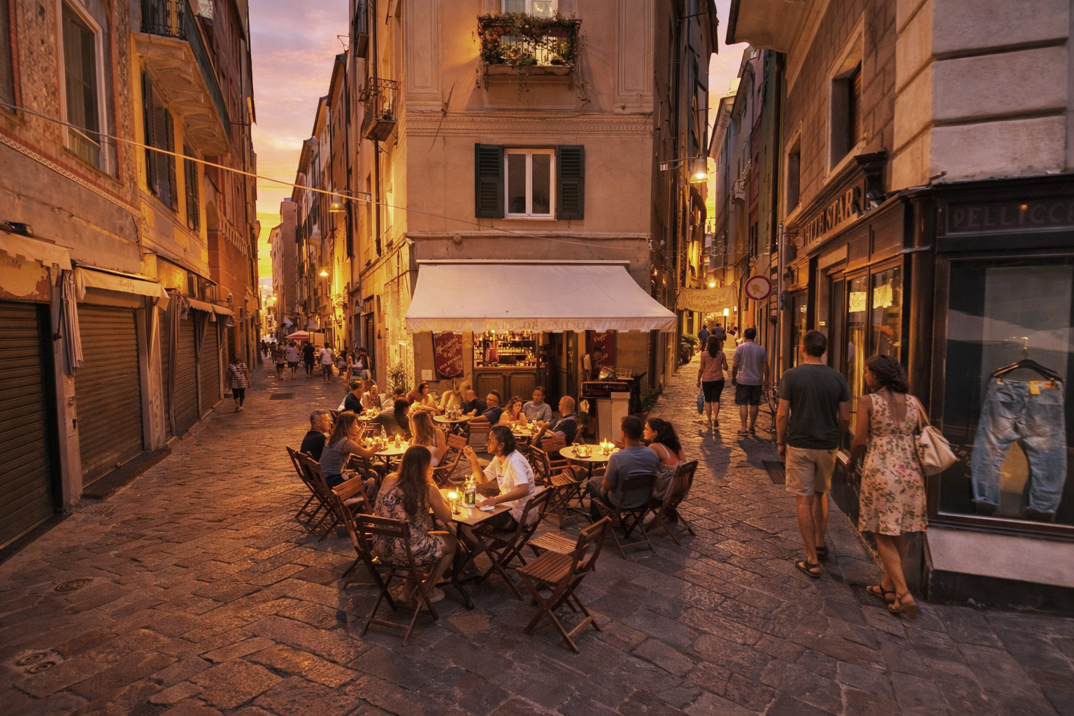 Piazza Maddalena in Savona bei Sonnenuntergang mit belebtem Straßencafé, Gästen an den Tischen und Spaziergängern in der historischen Altstadtgasse.