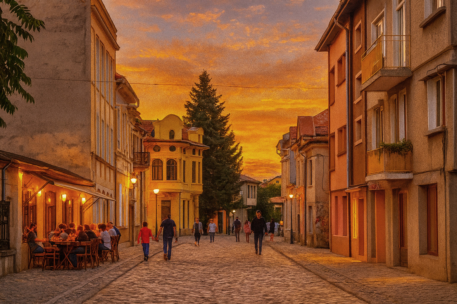 Belebte Altstadtstraße in Schumen am Abend mit Straßencafé, Spaziergängern und historischen Fassaden unter farbigem Sonnenuntergang.