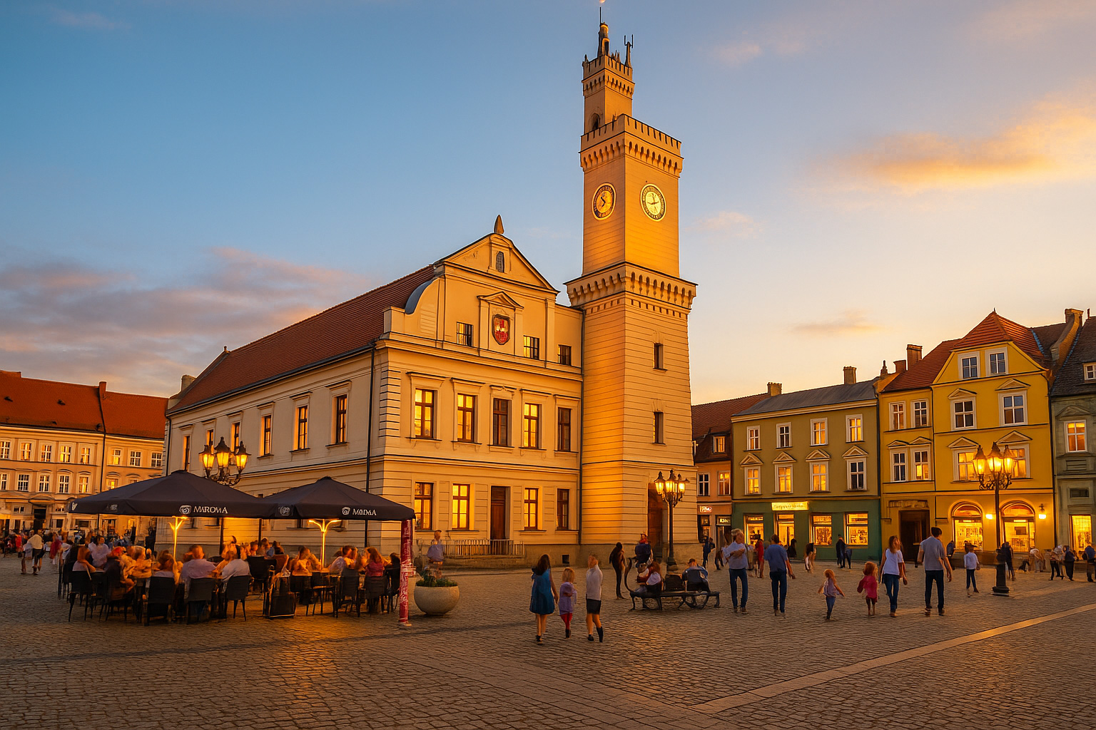 Heller Marktplatz in Świebodzin am frühen Abend mit Regionalmuseum, beleuchtetem Straßencafé, Spaziergängern und erleuchteten Fenstern.