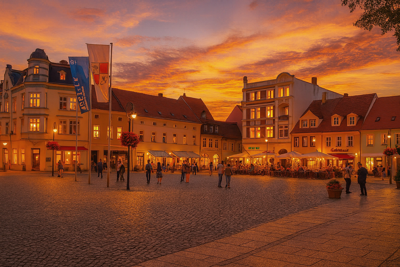 Marktplatz in Senftenberg in Deutschland am frühen Abend, mit beleuchteten Fenstern, Straßencafés an den Häusern und Spaziergängern auf dem Platz, bei malerischem Licht.