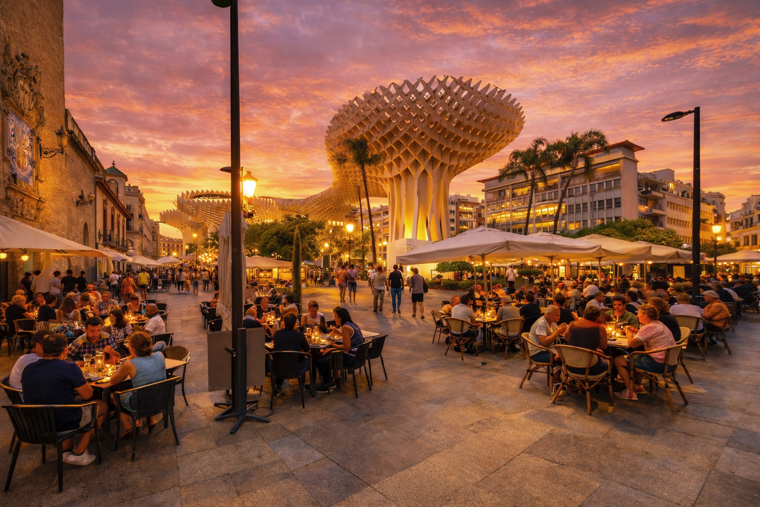 Belebtes Straßencafé an der Calle Compañía in Sevilla bei Sonnenuntergang mit warm erleuchteten Laternen und Tischen, Spaziergängern auf dem Platz und dem markanten Metropol Parasol im Hintergrund, während die Fassaden und Fenster im Abendlicht leuchten.