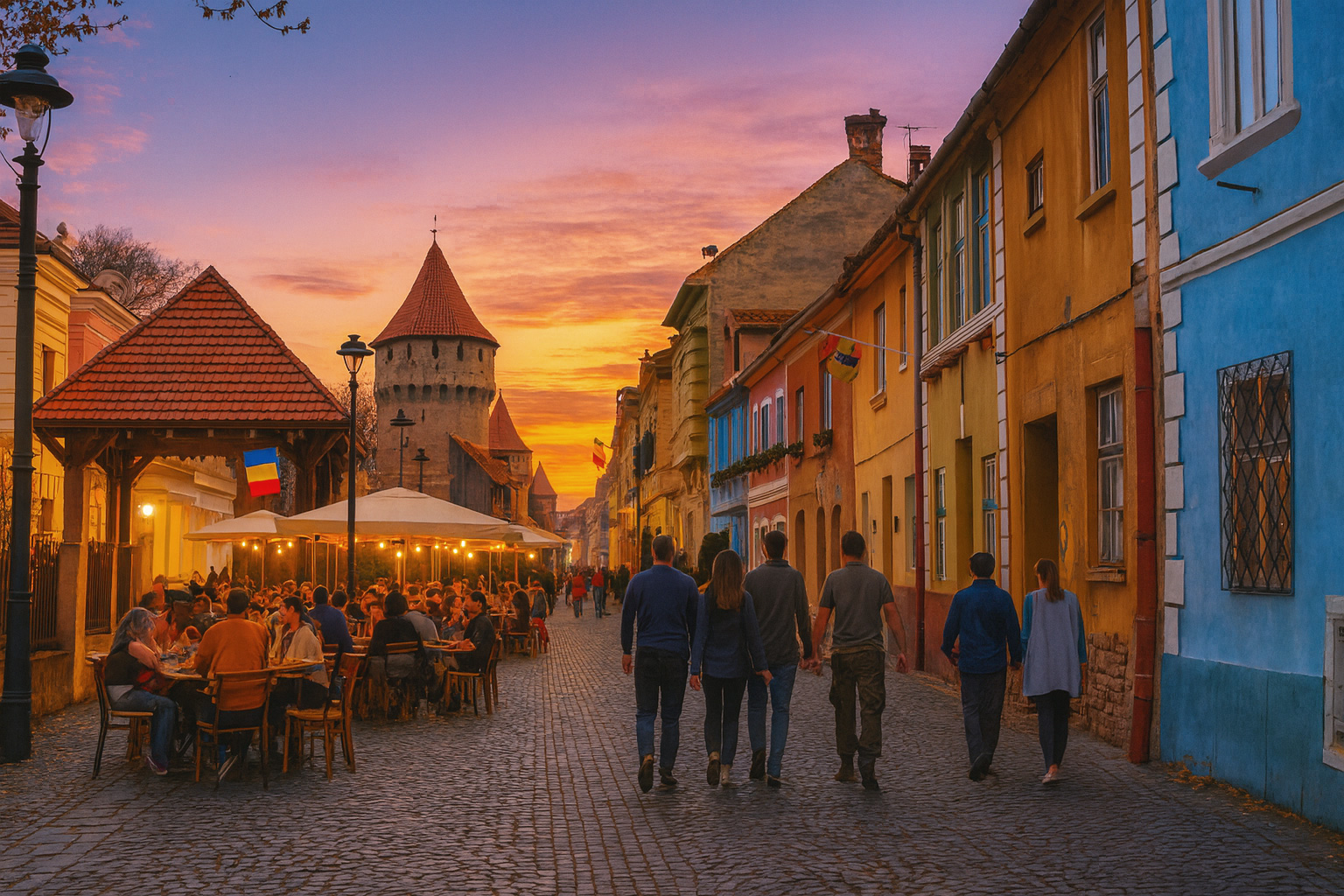 Belebte Altstadtstraße in Sibiu am Abend mit Straßencafé, Spaziergängern und mittelalterlichem Turm im Hintergrund unter farbigem Sonnenuntergang.