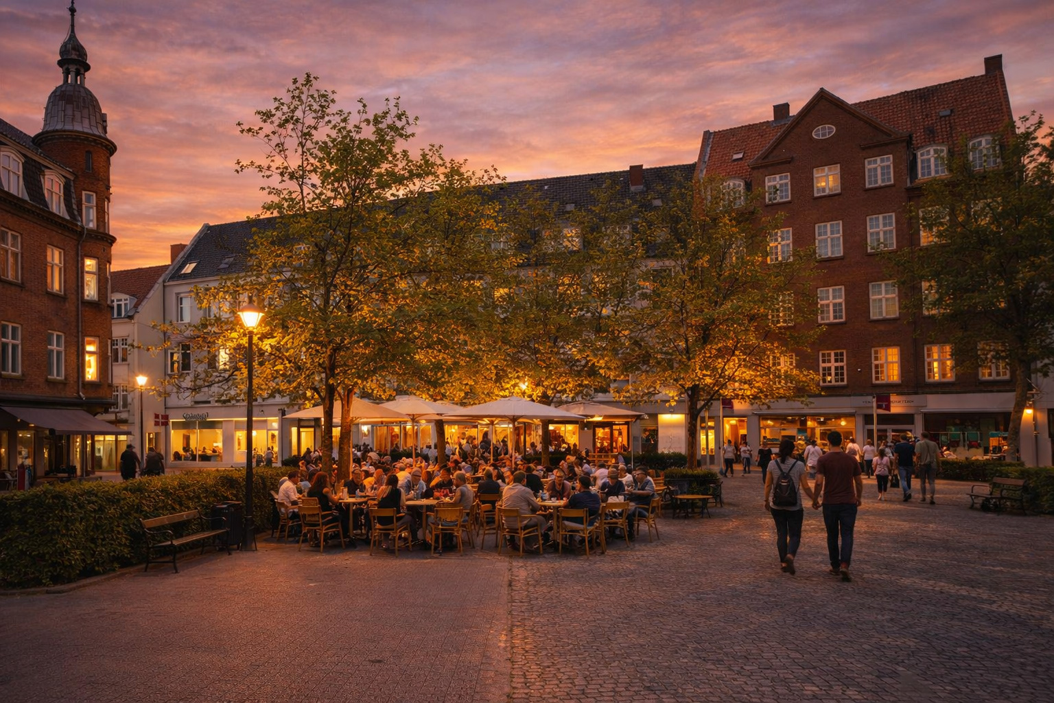 Nytorv in Slagelse bei Sonnenuntergang mit historischen Backsteinfassaden und markantem Turm, warm beleuchteten Fenstern und eingeschalteten Straßenlaternen, belebtem Straßencafé unter hellen Sonnenschirmen zwischen Bäumen sowie Spaziergängern auf dem gepflasterten Platz