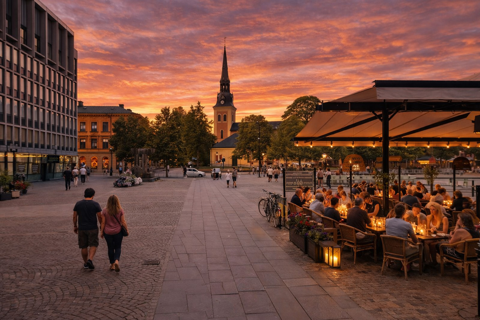 Storgatan in Södertälje bei Sonnenuntergang mit weitem Platz und Blick auf den Kirchturm, warm beleuchteten Fenstern und eingeschalteten Straßenlaternen, belebtem Straßencafé auf der rechten Seite unter großer Überdachung mit vielen Gästen und Kerzenlicht sowie Spaziergängern über den gepflasterten Platz, Fahrrädern am Rand und orangefarbenem Abendhimmel mit Wolken