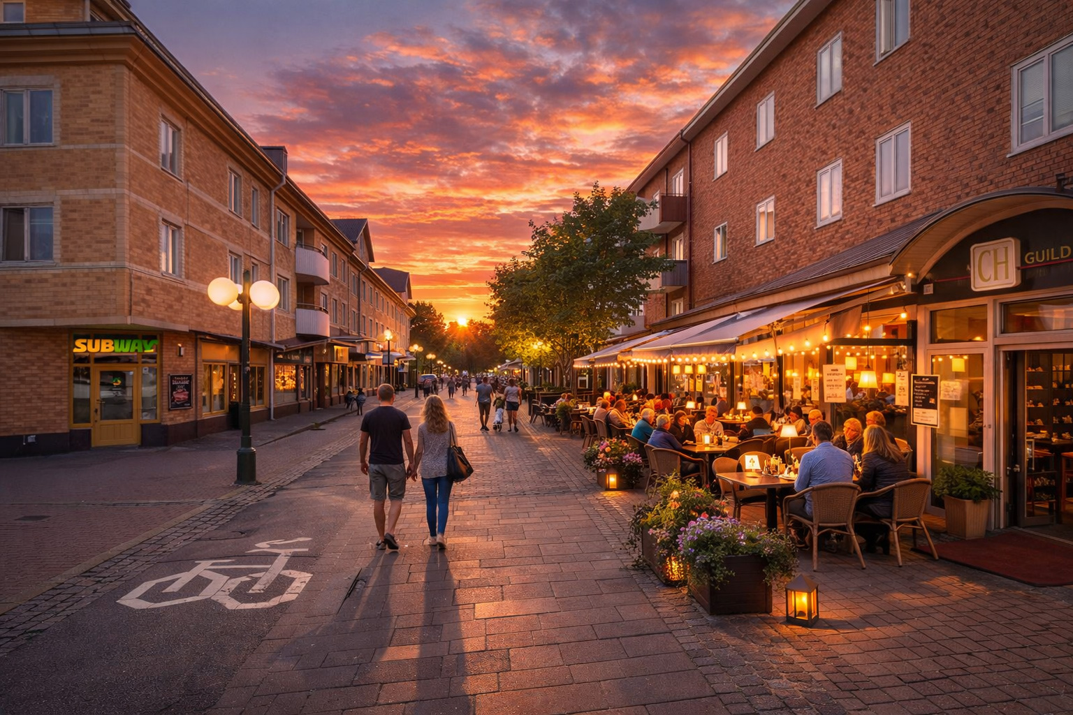 Fußgängerzone mit Backsteinfassaden und leuchtenden Straßenlaternen, rechts ein belebtes Straßencafé mit warm beleuchteten Fenstern und Gästen unter Markisen, Menschen schlendern durch die Straße im orangefarbenen Sonnenuntergang