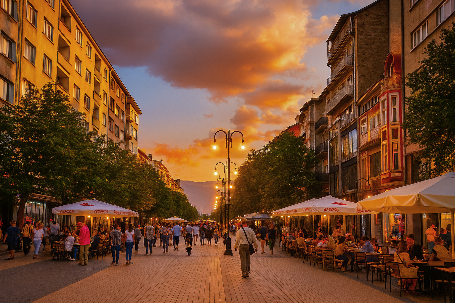 Abendstimmung auf dem Vitosha-Boulevard in Sofia mit beleuchteten Straßencafés, vielen Spaziergängern und Blick auf den Witoscha im Sonnenuntergang.