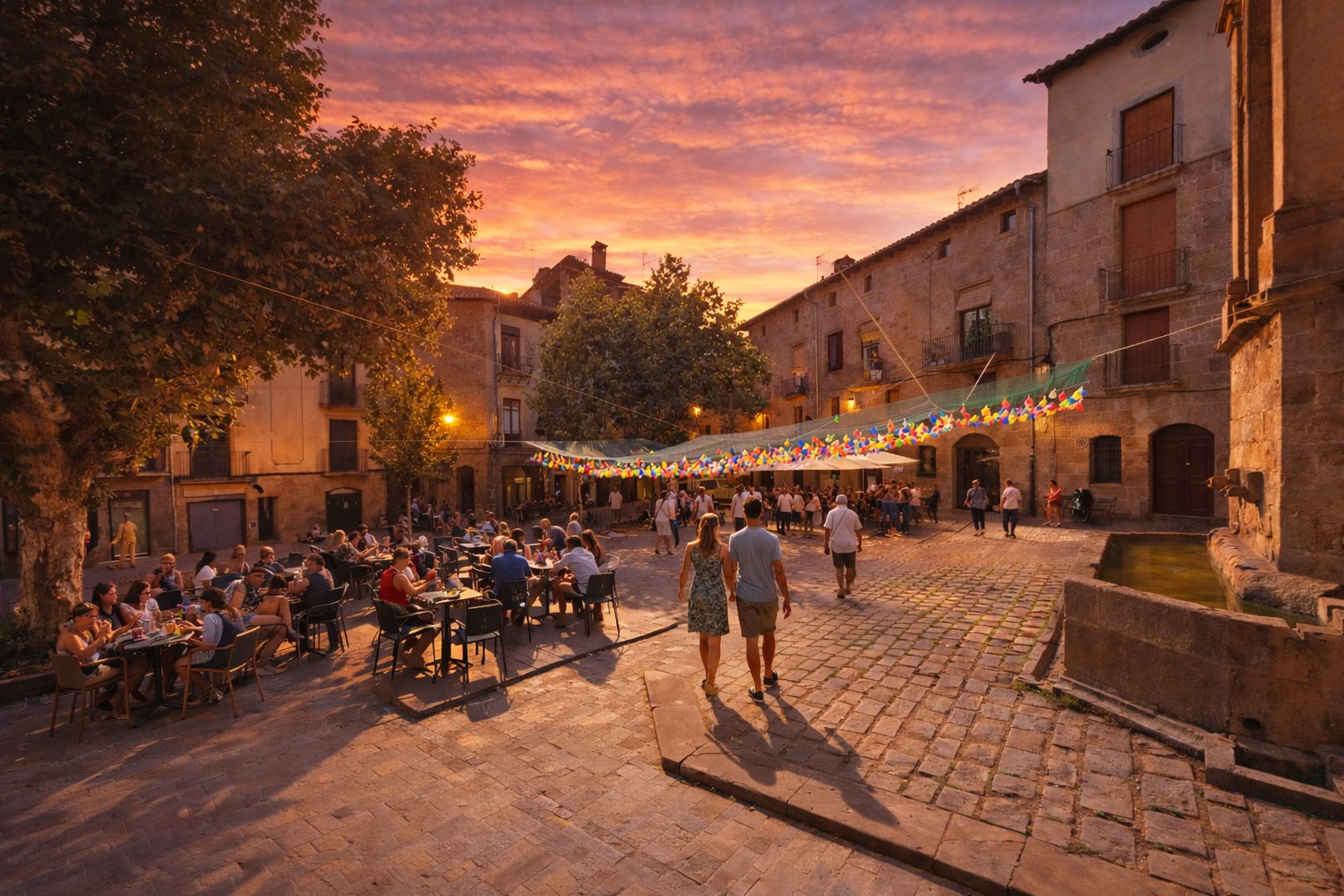 Abendliche Stimmung auf der Plaça de Sant Joan in Solsona bei Sonnenuntergang, mit belebtem Straßencafé auf der linken Seite, warm beleuchteten Fassaden und Laternen sowie mehreren Spaziergängern auf dem historischen Kopfsteinpflaster unter einem farbig leuchtenden Abendhimmel.