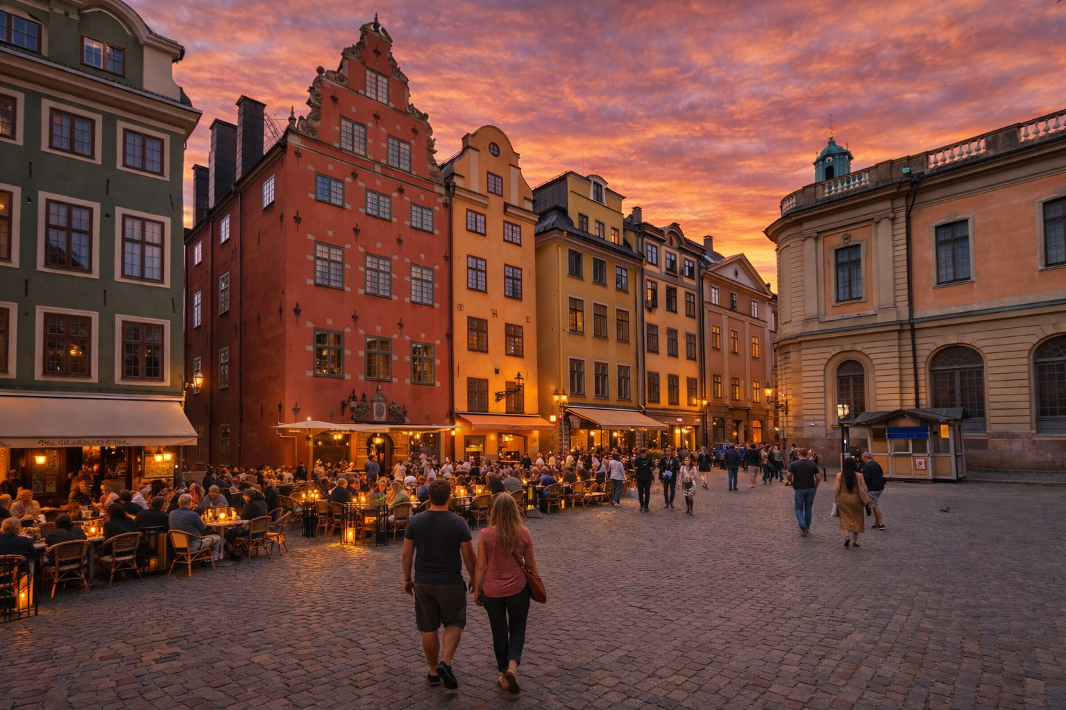 Gamla stan in Stockholm bei Sonnenuntergang mit farbenfrohen historischen Fassaden und Kopfsteinpflasterplatz, warm beleuchteten Fenstern und eingeschalteten Laternen, belebten Straßencafés auf der linken Seite mit vielen Gästen an dicht gestellten Tischen sowie Spaziergängern über den Platz, orangefarbener Abendhimmel mit Wolken über den Altstadthäusern