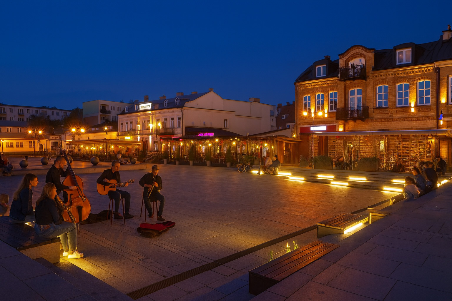 Abendstimmung auf dem Platz in Suwałki mit Jazzband am Brunnen und Zuhörern auf Stufen und Bänken.