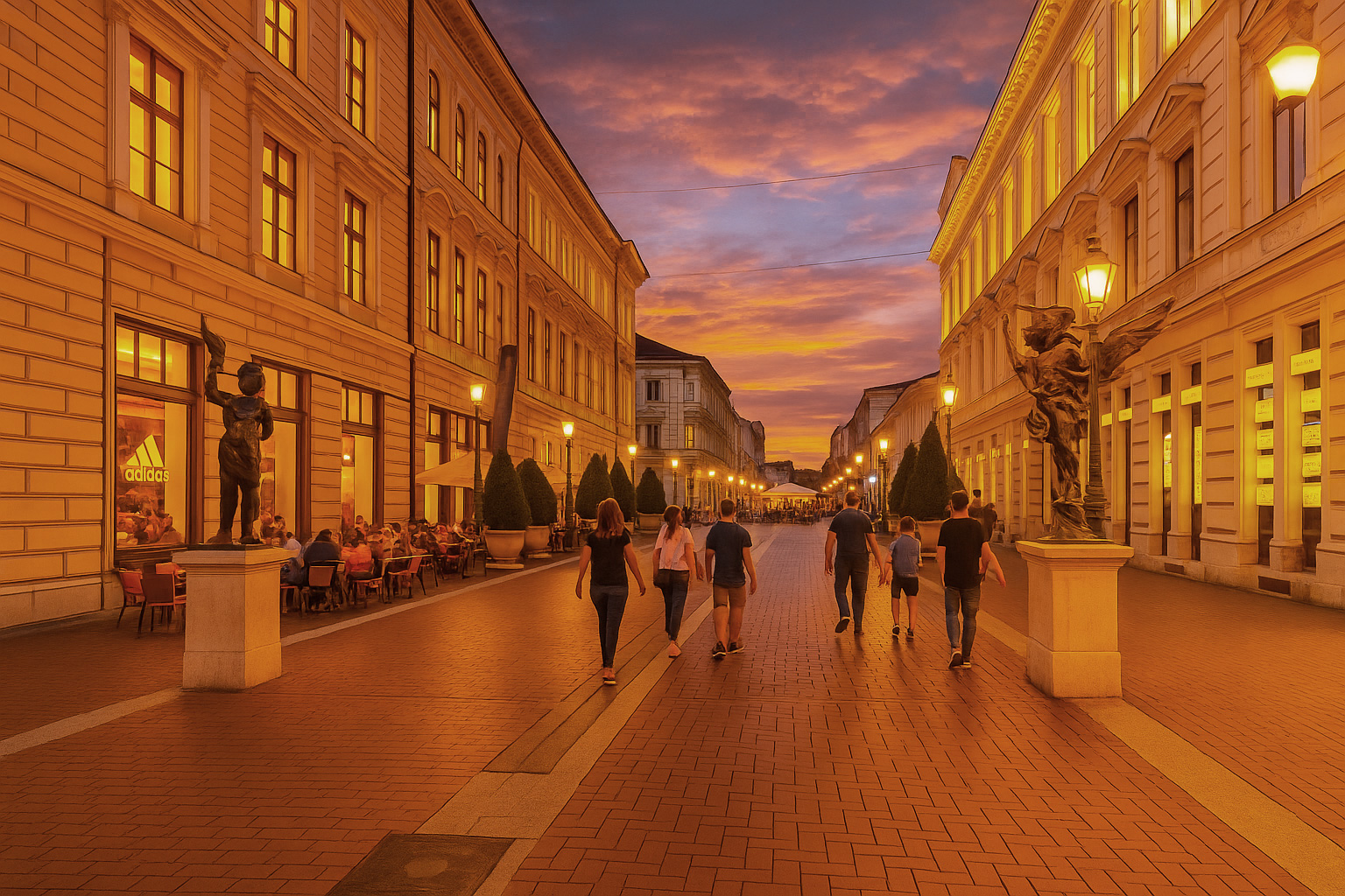 Abendstimmung in der Altstadt von Szeged mit Spaziergängern, hell erleuchteten Laternen, von innen beleuchteten Fenstern und einem Straßencafé links unter malerischem Sonnenuntergangshimmel.