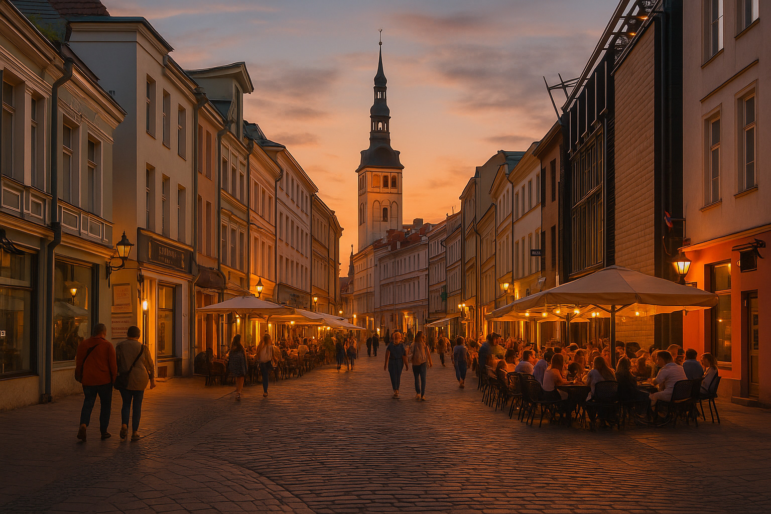 Abendstimmung in der Altstadt von Tallinn, Estland – historische Architektur, Spaziergänger und ein belebtes Straßencafé.