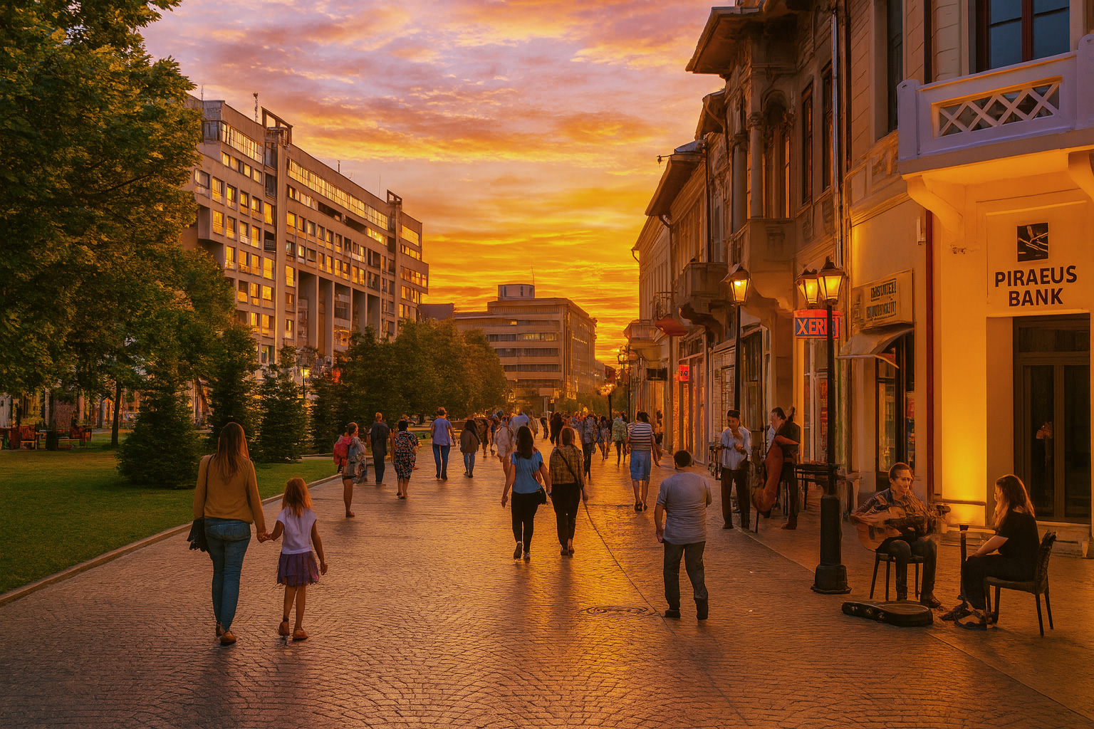 Abendstimmung in der Fußgängerzone von Târgu Jiu mit beleuchteten Gebäuden, Spaziergängern und einer Jazzband, die vor der Bank auf der Straße spielt.