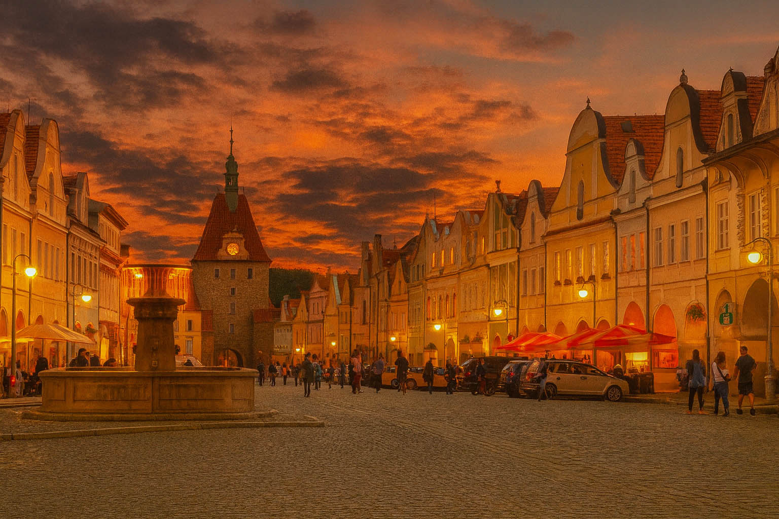 Abendstimmung auf dem Friedensplatz in Taus mit Brunnen im Vordergrund, beleuchtetem Straßencafé, Spaziergängern auf der Straße und malerischem Sonnenuntergangshimmel.