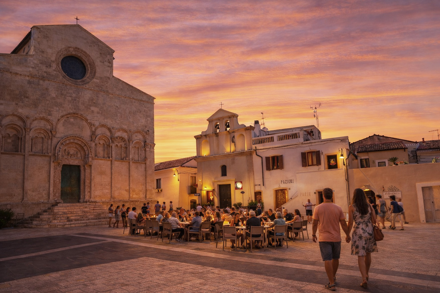 Piazza Duomo in Termoli bei Sonnenuntergang mit belebtem Straßencafé und Spaziergängern vor der Kathedrale