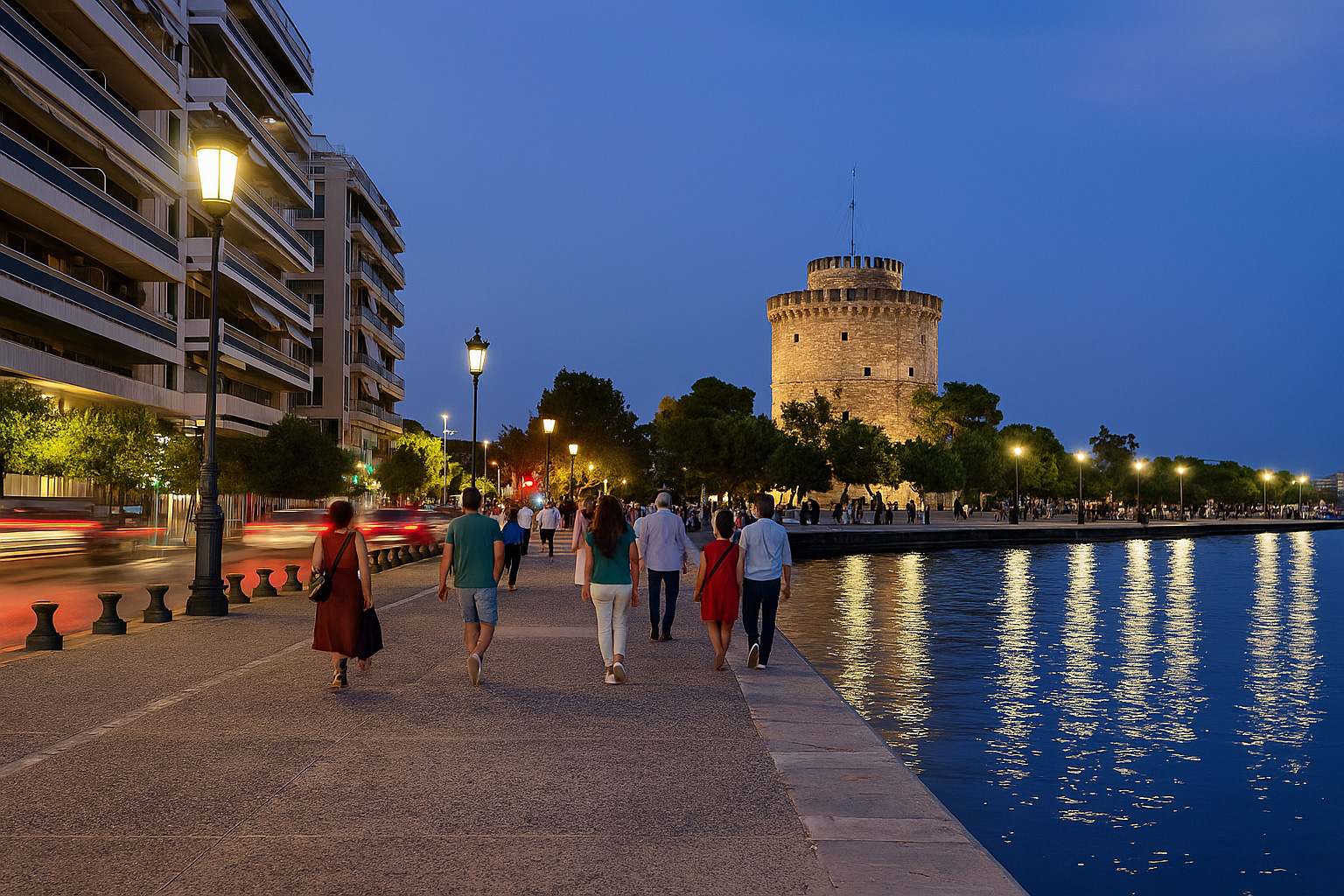 Abendliche Uferpromenade in Thessaloniki mit dem beleuchteten Weißen Turm im Hintergrund, Spaziergängern entlang des Wassers und warmem Laternenlicht.