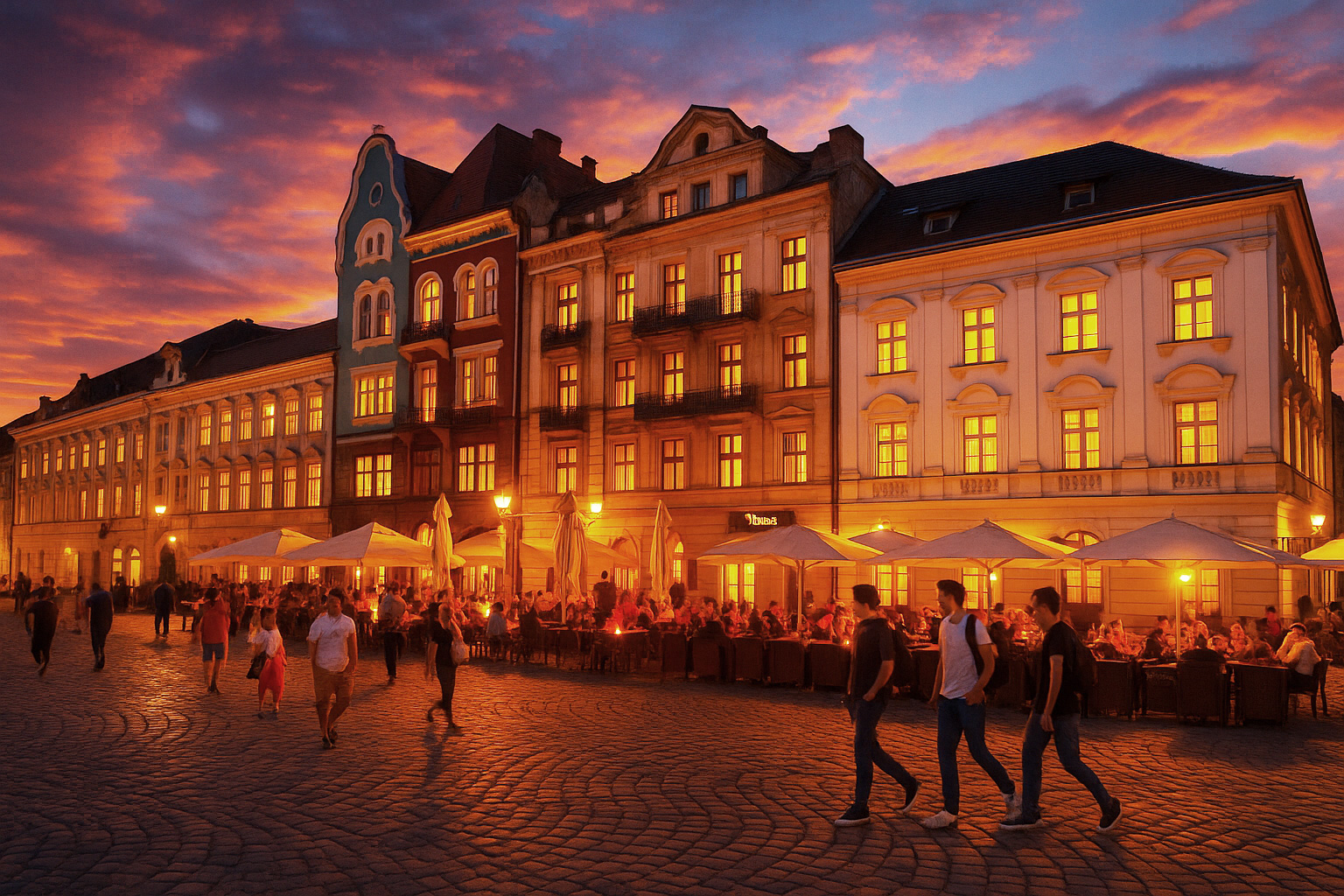 Abendstimmung in der Altstadt von Timișoara mit vielen Spaziergängern, belebten Straßencafés und historischen Gebäuden mit von innen beleuchteten Fenstern unter malerischem Sonnenuntergangshimmel.