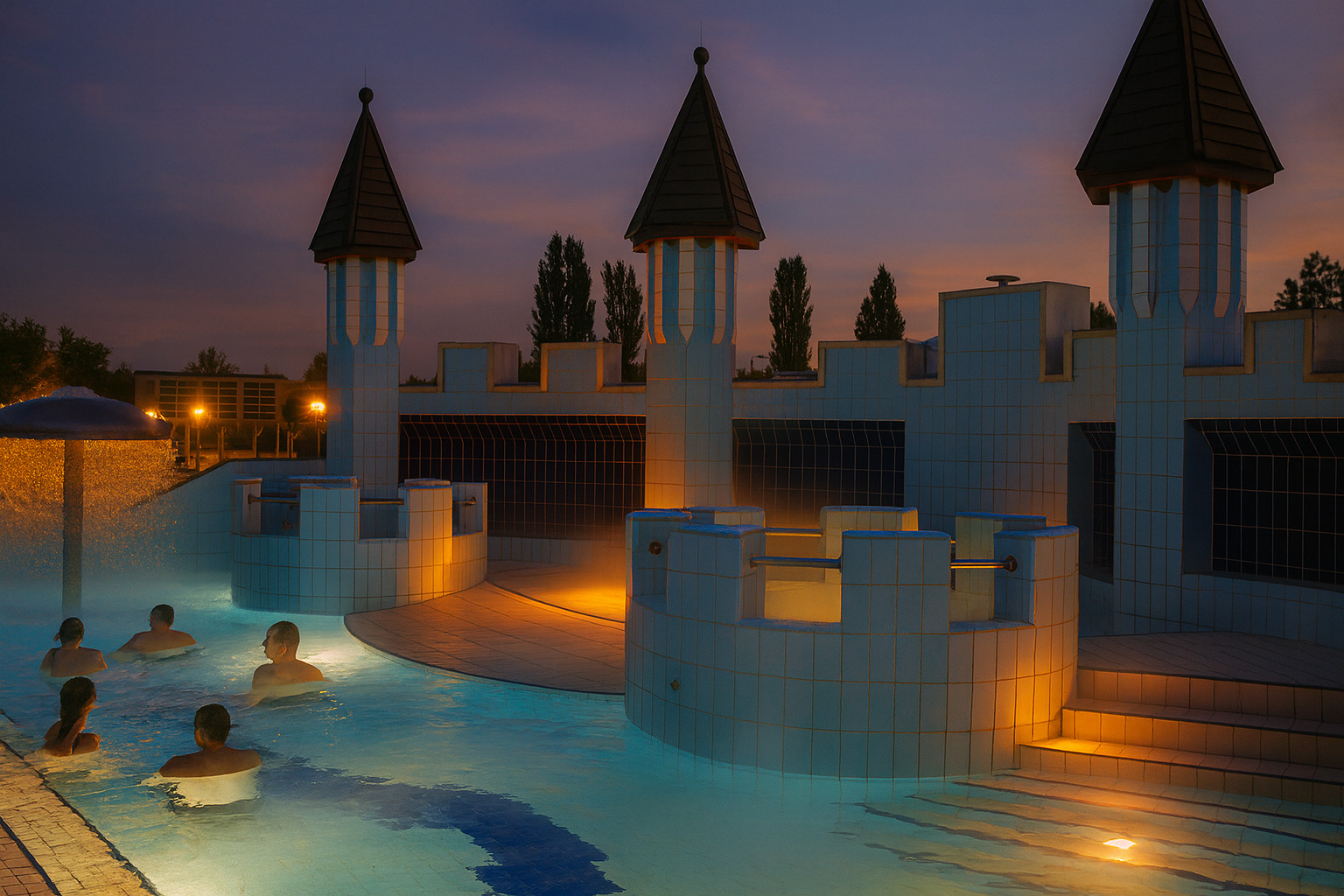 Abendstimmung im Thermalbad von Tiszafüred mit beleuchtetem Pool, leichtem Wasserdampf und erwachsenen Badegästen, umgeben von der charakteristischen Bäderarchitektur.