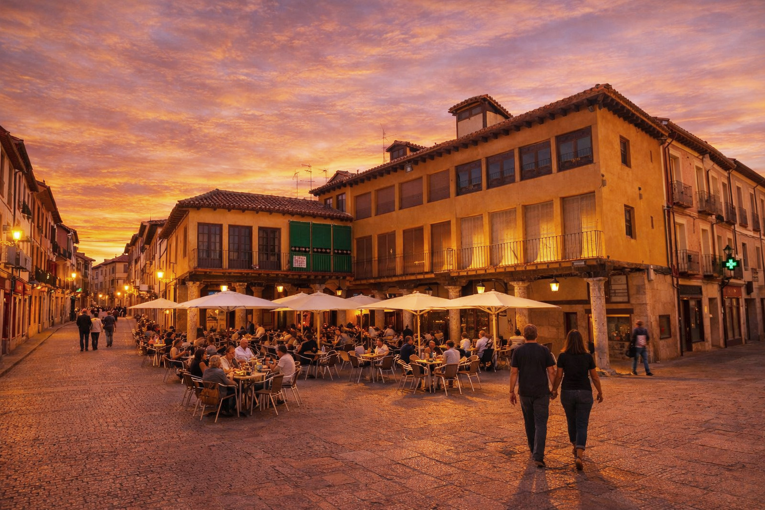 Historischer Platz mit Arkadenhäusern und warmen ockerfarbenen Fassaden, leuchtendem Sonnenuntergangshimmel, eingeschalteten Laternen, beleuchteten Fenstern und belebtem Straßencafé mit Gästen sowie Spaziergängern