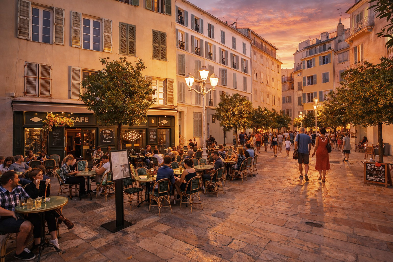 Abendstimmung auf der Place Vincent Raspail in Toulon mit belebtem Straßencafé und Spaziergängern