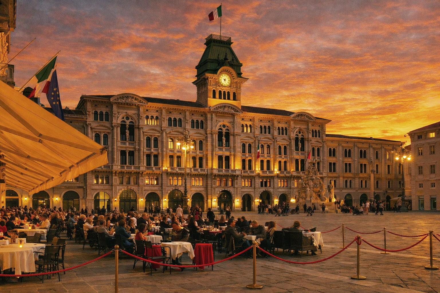 Abendstimmung auf der Piazza Unità d’Italia in Triest mit belebten Straßencafés, historischen Fassaden, dem Rathaus mit Uhrturm und warmem Licht unter einem farbenreichen Sonnenuntergangshimmel.