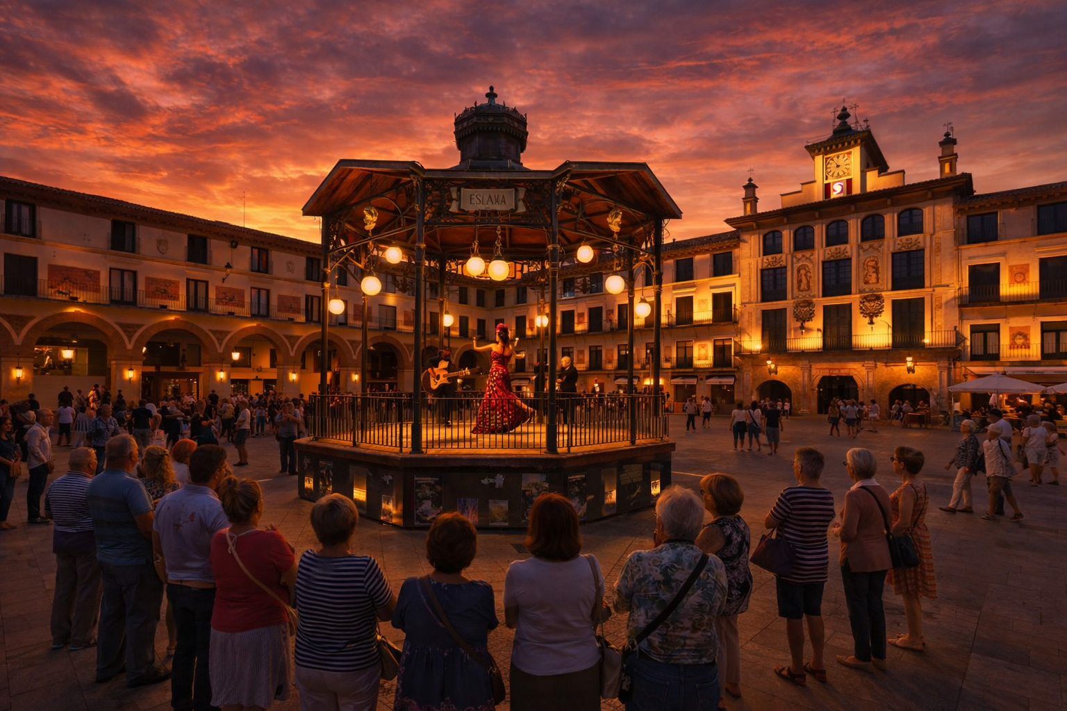 Sonnenuntergang über einem spanischen Hauptplatz mit Arkadenhäusern und Pavillon; im beleuchteten Pavillon eine Flamenco-Aufführung mit Musiker, Zuschauer stehen im Kreis darum herum, warm leuchtende Fenster und Laternen sowie weitere Spaziergänger auf dem Platz