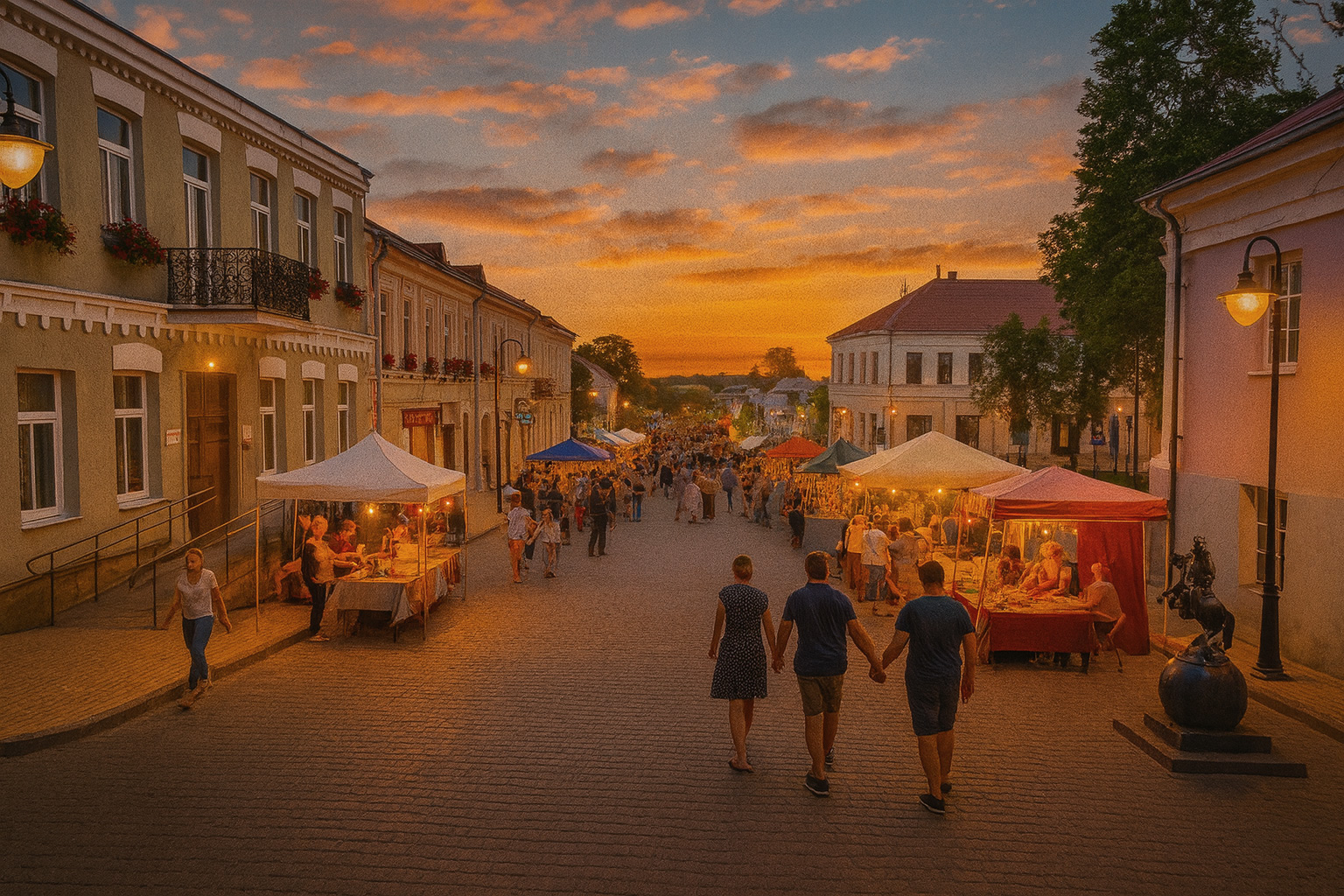 Früher Abend in Ukmergė mit malerischen Wolken, Dorffest mit Buden und vielen Besuchern auf der Straße.
