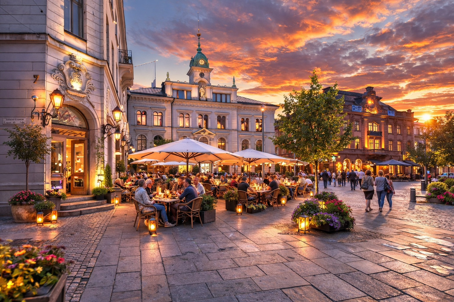 Svartbäcksgatan in Uppsala bei Sonnenuntergang mit historischem Platz und klassischer Architektur, warm beleuchteten Fenstern und eingeschalteten Wandlaternen, belebtem Straßencafé unter großen weißen Sonnenschirmen mit vielen Gästen sowie Spaziergängern über das Pflaster, Blumenbeete und Bäume im Vordergrund vor einem dramatischen orangefarbenen Abendhimmel