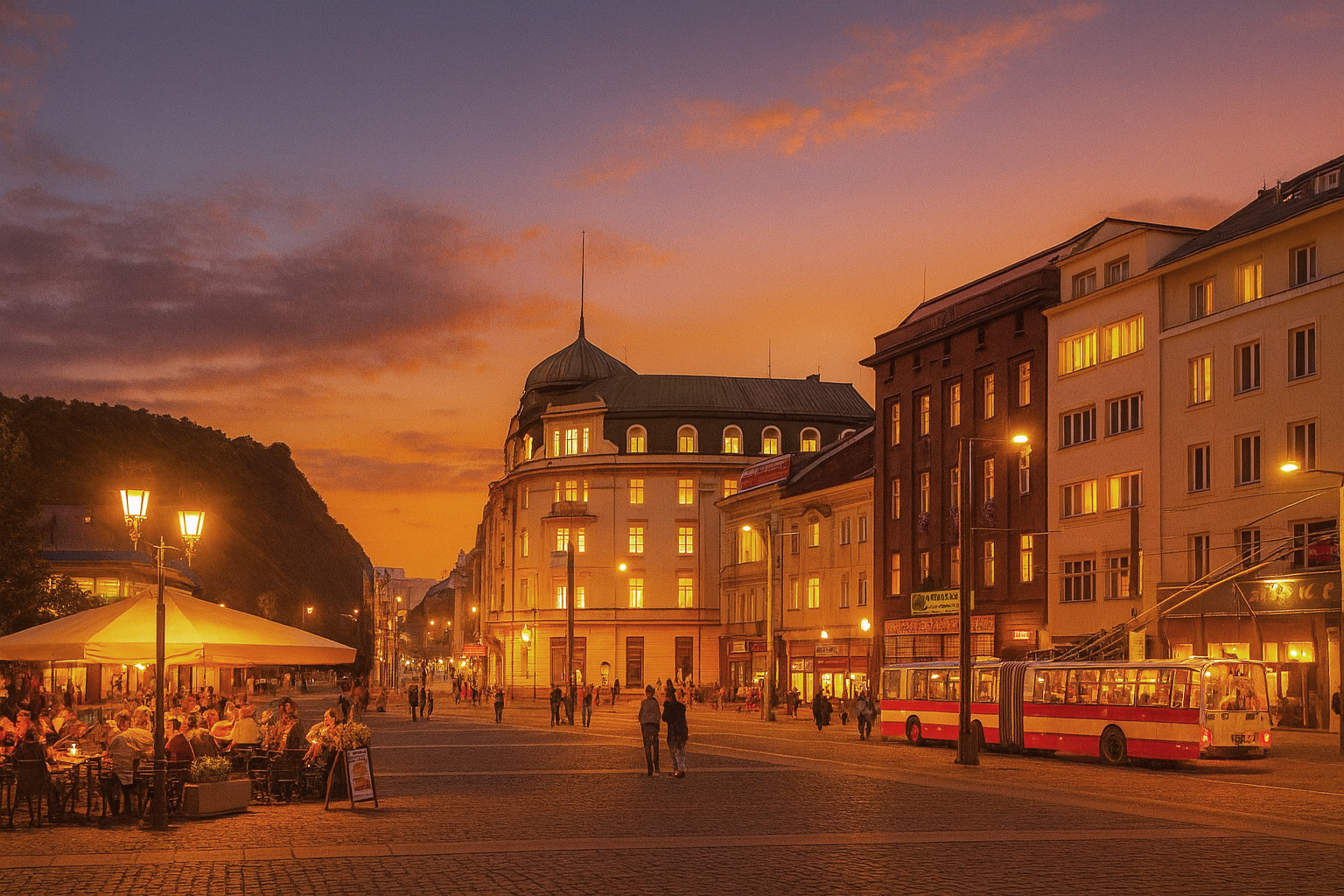 Abendstimmung auf dem Marktplatz in Ústí nad Labem mit beleuchtetem Straßencafé, erleuchteten Fenstern, Spaziergängern auf dem Platz und malerischem Sonnenuntergangshimmel.