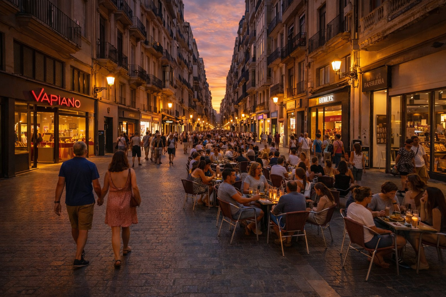 Sonnenuntergang auf der C/ de Ribera in Valencia mit enger, stimmungsvoll beleuchteter Straße, einem belebten Straßencafé in der Mitte ohne Schirme, warm leuchtenden Schaufenstern und eingeschalteten Laternen, während zahlreiche Spaziergänger zwischen den Fassaden mit Balkonen flanieren.