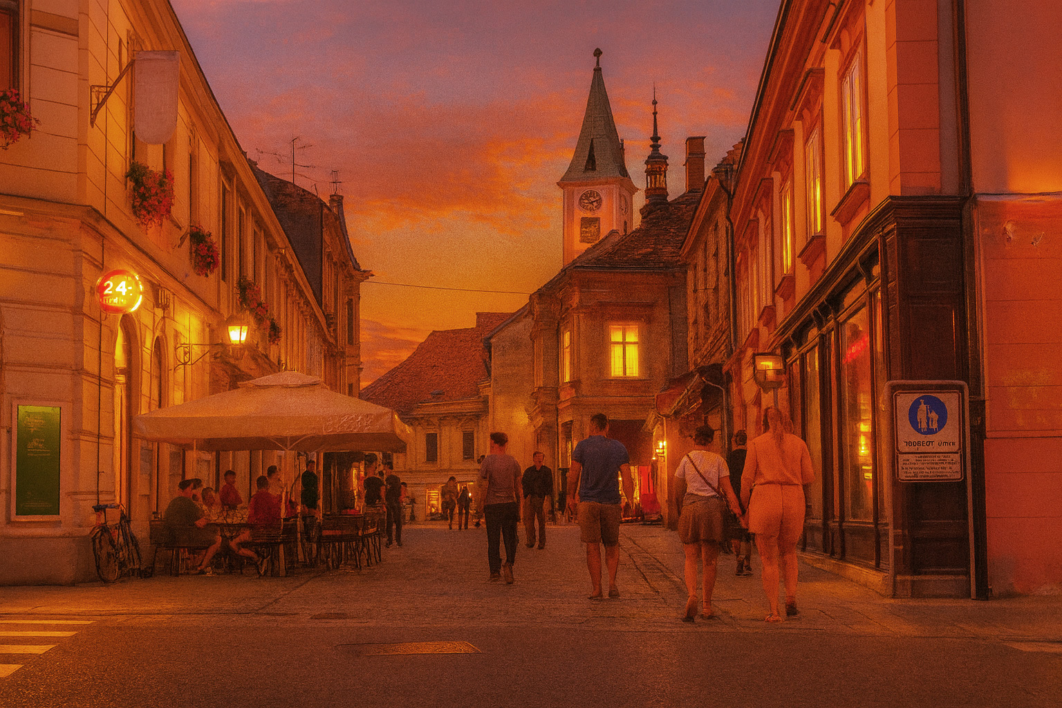 Abendstimmung in der Altstadt von Varaždin mit Spaziergängern und Straßencafes