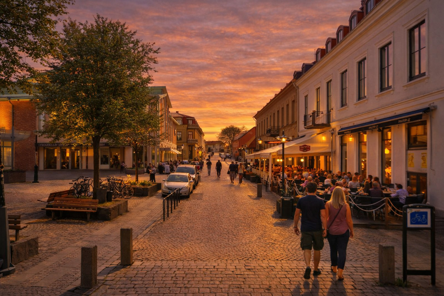 Kungsgatan in Varberg bei Sonnenuntergang mit Kopfsteinpflasterstraße und historischer Häuserzeile, sommerlich grünem Baum am Platz, warm beleuchteten Schaufenstern und eingeschalteten Straßenlaternen, belebtem Straßencafé auf der rechten Seite unter Markise mit vielen Gästen sowie Spaziergängern entlang der ruhigen Fußgängerzone