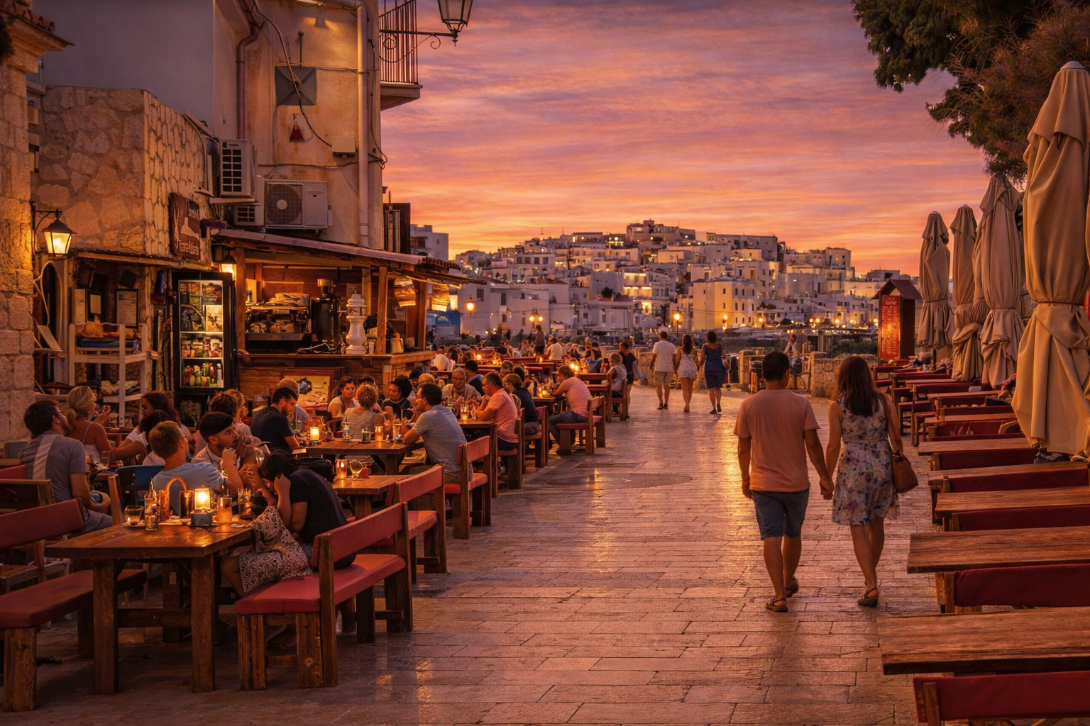 Belebtes Straßencafé an der Via Pola in Vieste bei Sonnenuntergang mit Spaziergängern und warmem Abendlicht