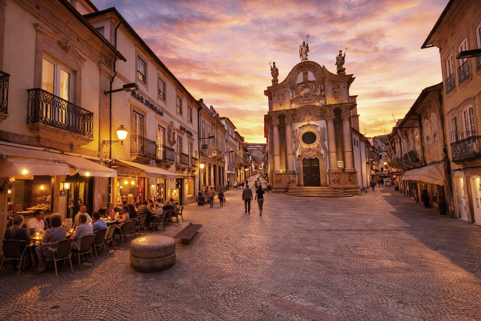 Historische Altstadtstraße mit barocker Kirchenfassade, warmem Sonnenuntergangshimmel, eingeschalteten Laternen, beleuchteten Fenstern und belebtem Straßencafé mit Gästen sowie Spaziergängern