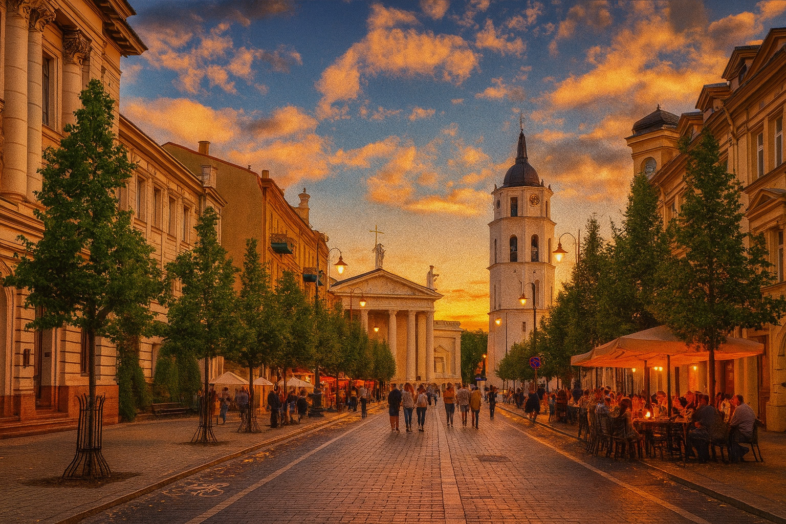 Früher Abend in Vilnius mit malerischen Wolken, beleuchteten Straßencafés und vielen Spaziergängern auf der Straße.