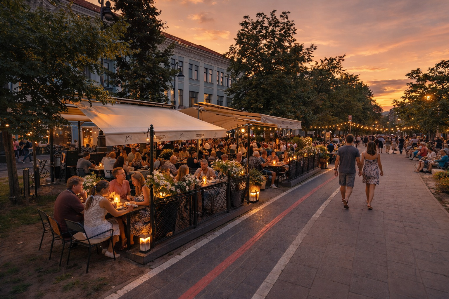 Belebtes Straßencafé bei Sonnenuntergang unter hellen Markisen mit Kerzenlicht auf den Tischen, blühenden Pflanzkübeln, Lichterketten in den Bäumen und Spaziergängern auf der breiten Fußgängerzone