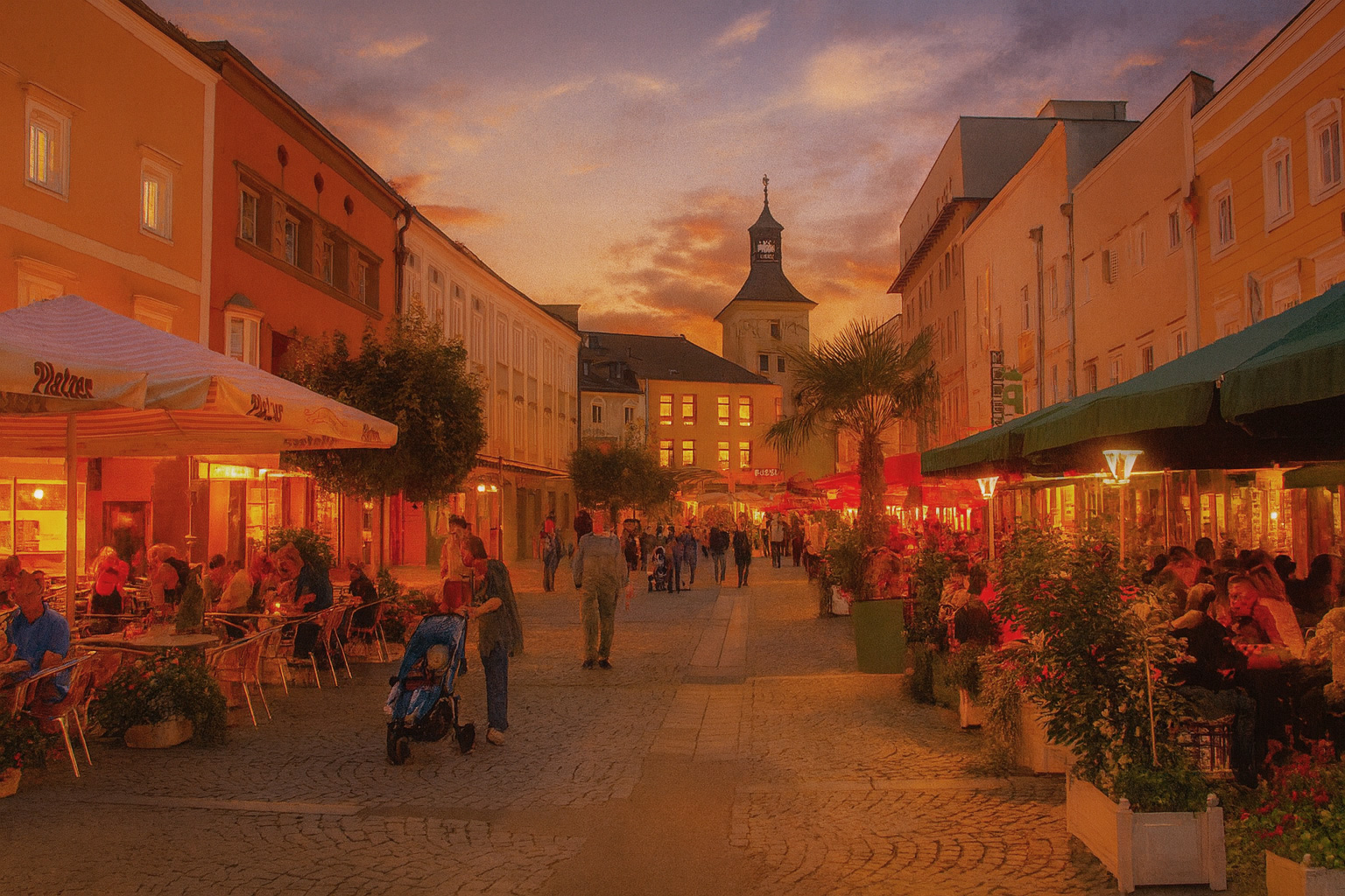 Abendstimmung in der Fußgängerzone von Vöcklabruck mit hell beleuchteten Fassaden, belebten Straßencafés rechts und links, Spaziergängern und malerischem Sonnenuntergangshimmel.