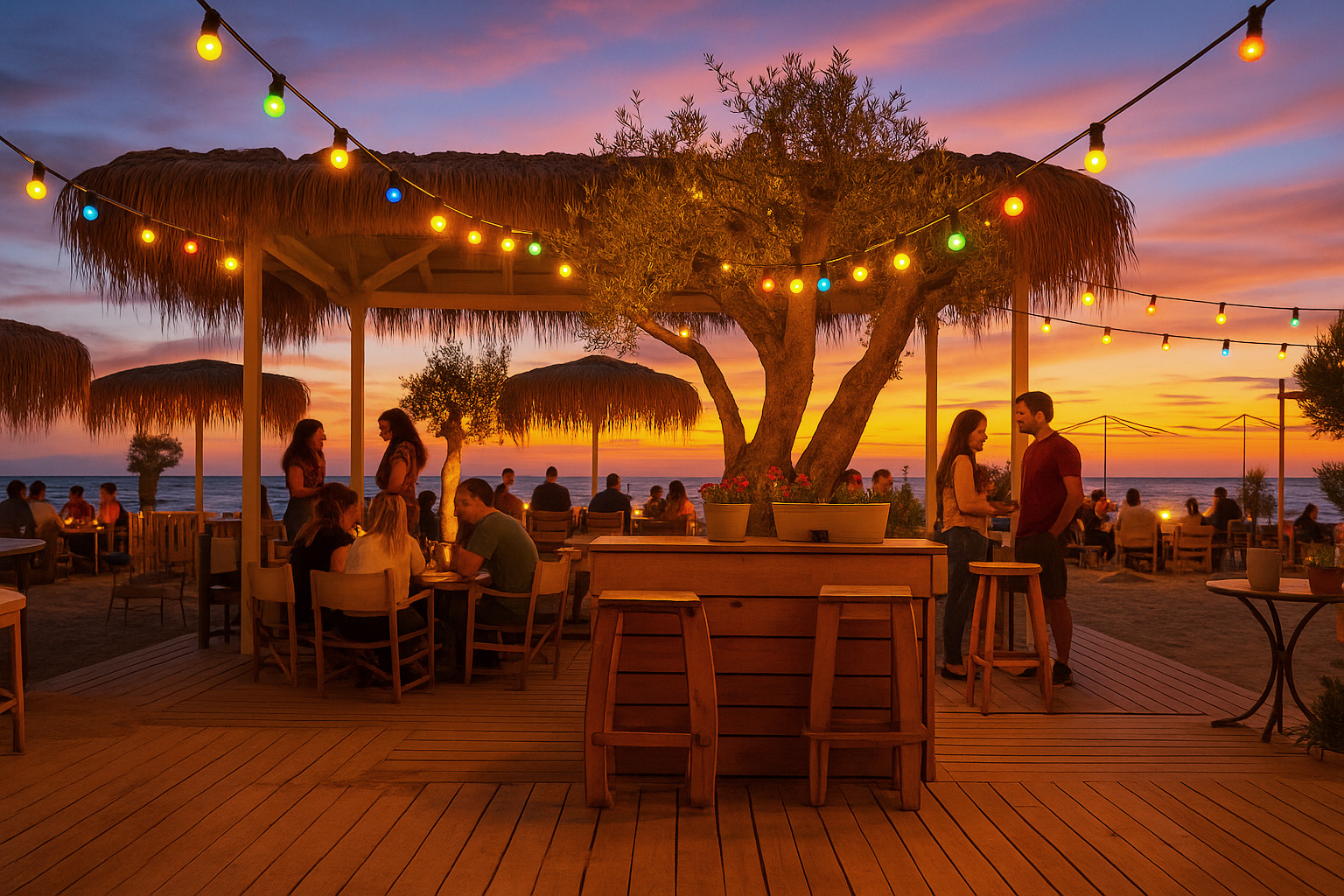 Belebtes Strandcafé in Warna mit heller Lichterkette, Gästen unter Strohdächern und farbigem Himmel kurz vor Sonnenuntergang.